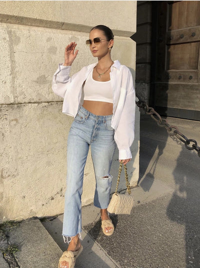 Blusa Blanca de Lino Mujer Manga Larga Estilo Relajado Verano - Image 10