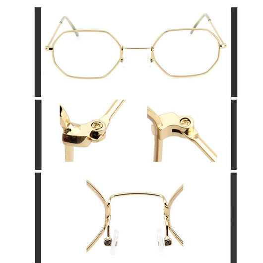 Silver polygonal sunglasses with clear lenses, featuring a thin metal frame and vintage style. - Image 15