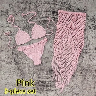 White 3-piece handmade crochet bikini set with triangle top, high-cut bottoms, and fringed mesh beach skirt. - Image 4