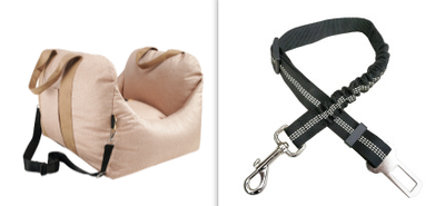 Beige pet car carrier seat with tan straps and a separate red pet seatbelt leash for safe car travel. - Image 18