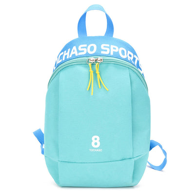 Light blue children's backpack with "TOCHASO SPORTS" text, a number 8, and yellow zipper pulls. - Image 3