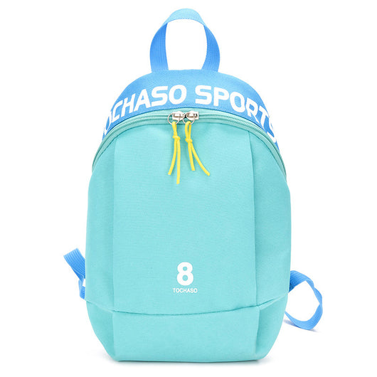 Light blue children's backpack with "TOCHASO SPORTS" text, a number 8, and yellow zipper pulls. - Image 3