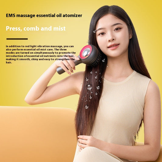 Dark gray electric scalp massage comb with black bristles and red accents, shown with a clear protective cover.