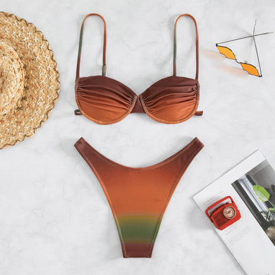 Gradient brown, orange, and green two-piece bikini swimsuit with a bandeau top and high-cut thong bottom. - Image 4