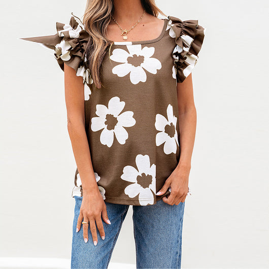 Blusa Floral Fruncida de Manga Corta Estilo Europeo y Americano