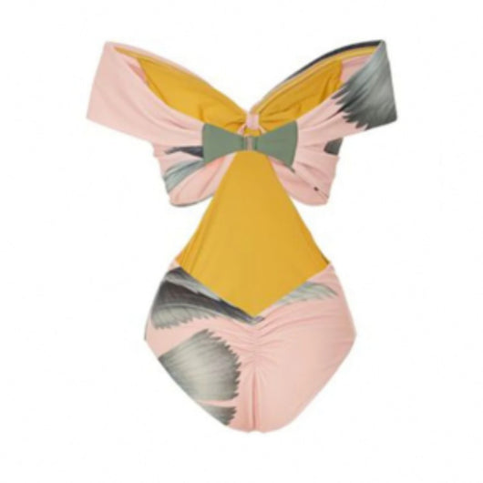 Women's vintage pink off-the-shoulder swimsuit with twisted front, cut-outs, and gray feather print. - Image 5