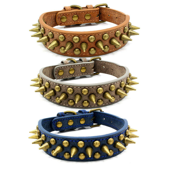 Collar de Cuero para Perros Grandes con Tachuelas y Remaches - Pit Bull S-XL