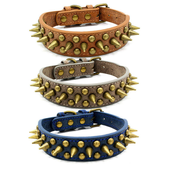Spiked and Riveted Leather Dog Collar for Large Dogs - Pit Bull S-XL
