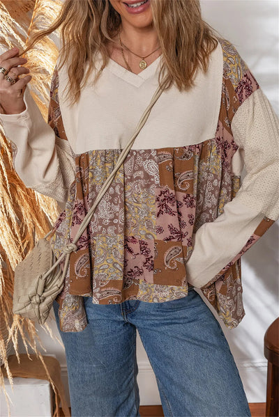 Blusa Suelta Étnica Patchwork Contraste Manga Larga Estampado Paisley Beige - Image 3