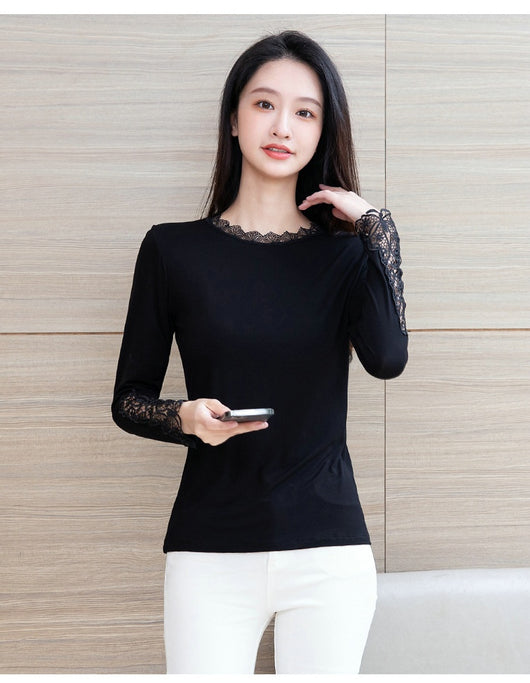 Blusa Negra Elegante Escote Profundo con Encaje y Mangas Largas - Image 10