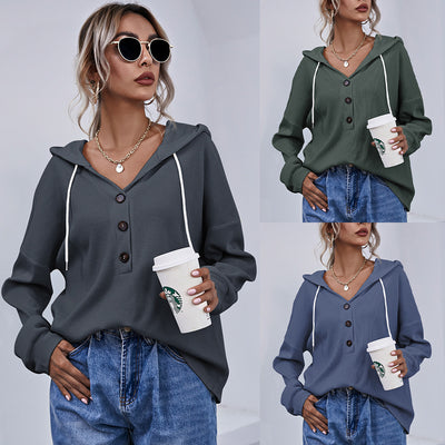 Camisa Hoodie con Botones de Color Sólido para Mujer