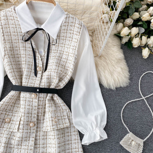 Vestido Houndstooth con Tirantes y Mangas Puff - Image 31
