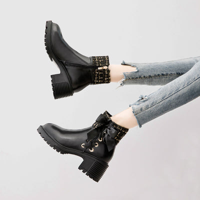 Botas Martin de Cuero Suave con Tacón Grueso - Primavera y Otoño