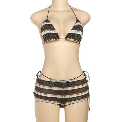 Women's fashion sexy halter lace-up striped bikini three-piece suit with brown, black, and white stripes. - Image 15