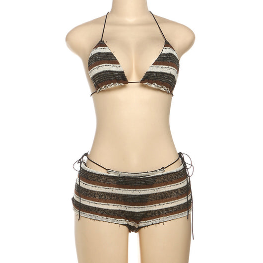 Women's fashion sexy halter lace-up striped bikini three-piece suit with brown, black, and white stripes. - Image 15