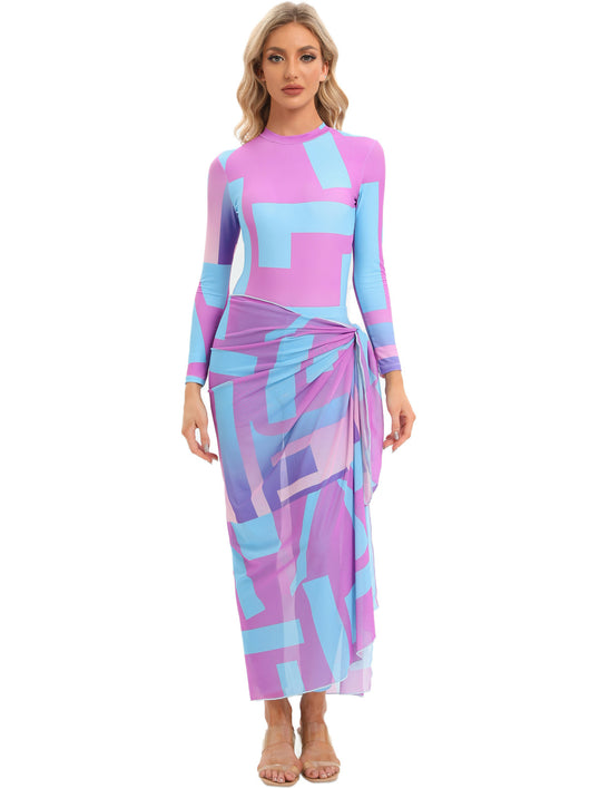Blue tie-dye conservative beach swimsuit with long sleeves, full-length leggings, and a sheer sarong-style skirt. - Image 20