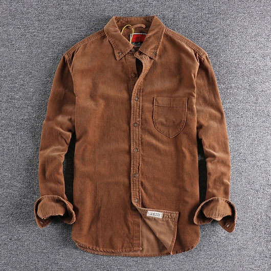 Camisa de Pana Manga Larga Retro con Combinación de Colores para Hombre - Image 27