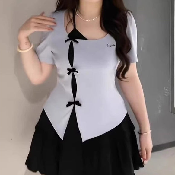 Blusa Elegante Talla Grande con Diseño Doble Capa y Moño