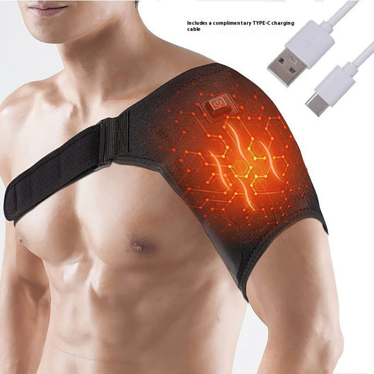 Man wearing a black electric heating shoulder pad with adjustable straps for therapeutic warmth and support. - Image 3