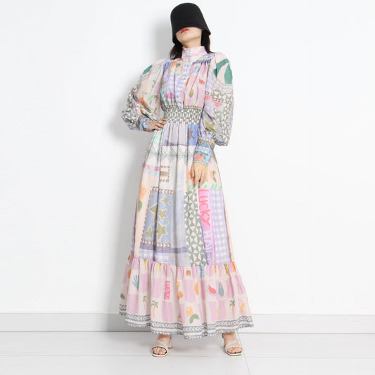 Vestido Largo Estilo Resort con Cuello de Pie y Mangas Largas Estampado para Mujer