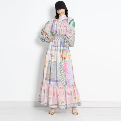 Vestido Largo Estilo Resort con Cuello de Pie y Mangas Largas Estampado para Mujer