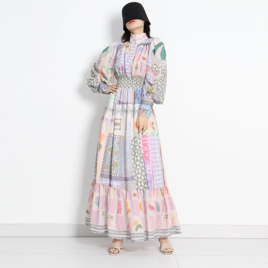 Vestido Largo Estilo Resort con Cuello de Pie y Mangas Largas Estampado para Mujer