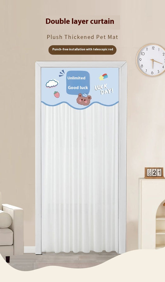 Double-layer blackout doorway curtain with a light blue top featuring a cartoon bear and "LUCK DAY!" text. - Image 27