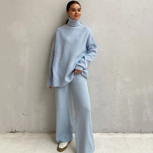 Conjunto Tejido Dos Piezas: Suéter Cuello Alto Holgado y Pantalón Ancho