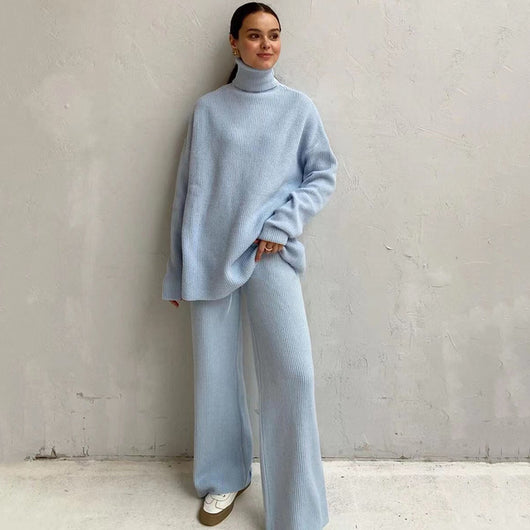 Conjunto Tejido Dos Piezas: Suéter Cuello Alto Holgado y Pantalón Ancho