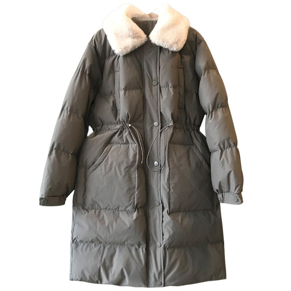 Chaqueta Larga de Algodón con Cuello de Piel de Conejo y Cintura Ajustable