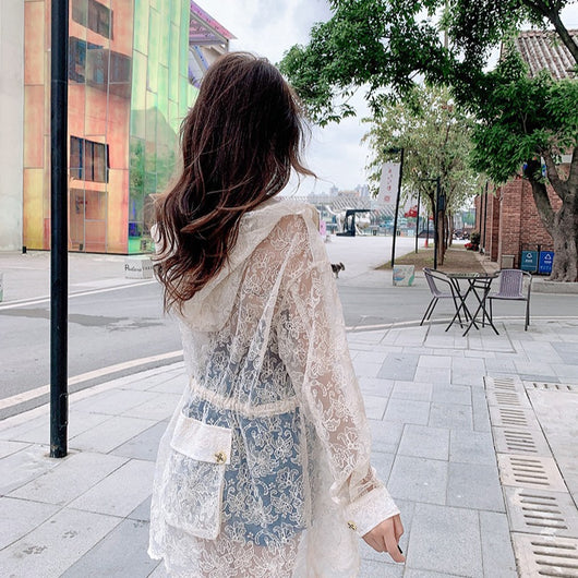 Chaqueta Coreana Encaje Protección Solar con Capucha y Cintura Ajustable - Image 4