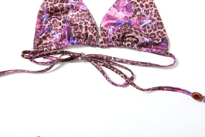 Three-piece bikini set with a brown leopard and pink floral print halter top, matching bottom, and ruched mini skirt. - Image 20