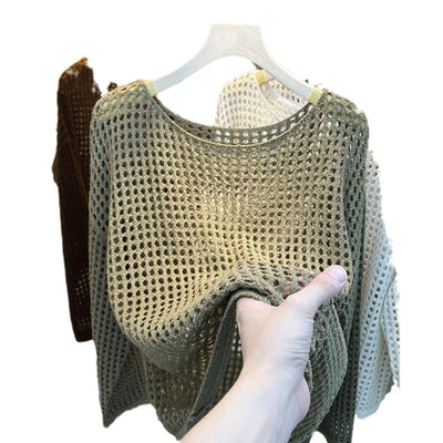 Blusa de Malla Calada Cuello Redondo Manga Larga - Image 5