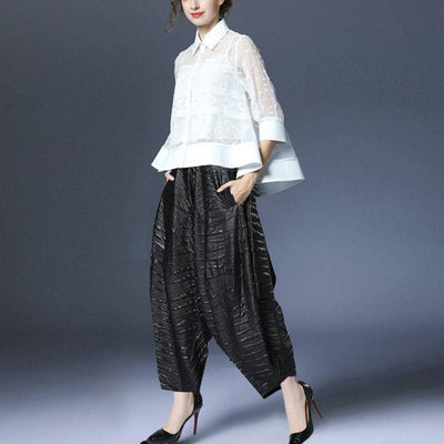 Conjunto Elegante: Camisa Jacquard Bordada + Pantalón Ancho Elástico - Image 9