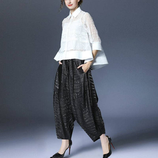 Conjunto Elegante: Camisa Jacquard Bordada + Pantalón Ancho Elástico - Image 9