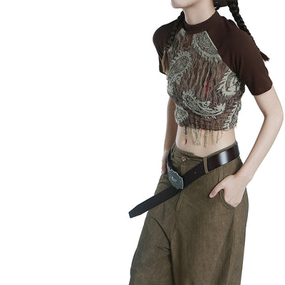 Camiseta Retro con Malla, Borlas y Detalle de Flor en Hombro - Image 3