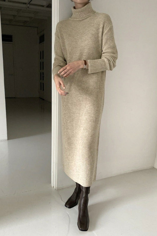 Vestido Suéter Largo Cuello Alto Holgado Hasta la Rodilla para Mujer - Image 11