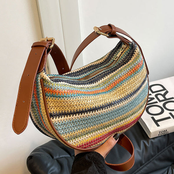Bolsa Tote de Rafia Arcoíris para Mujer - Bolso Casual de Hombro