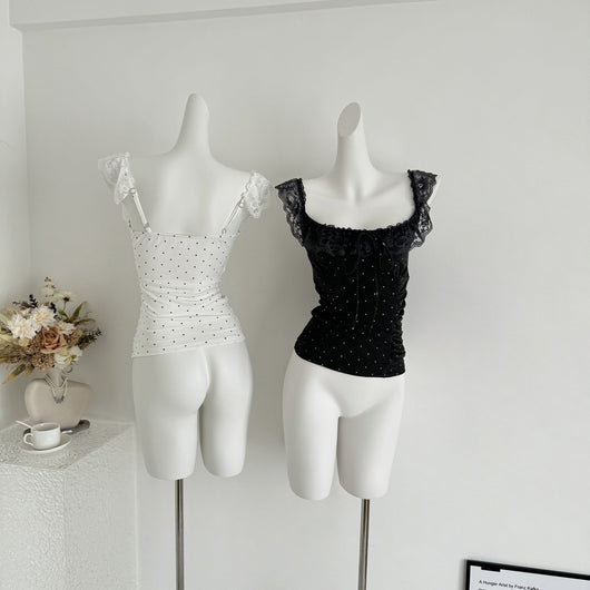 Blusa Crop Ajustada con Volantes, Encaje y Lunares - Manga Casquete - Image 13