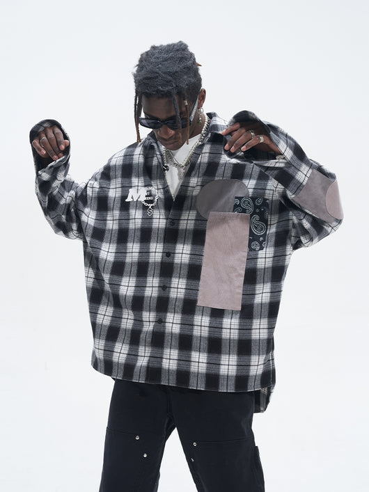 Camisa Suelta Hip Hop con Parches de Cuadros y Manga Larga - Image 12