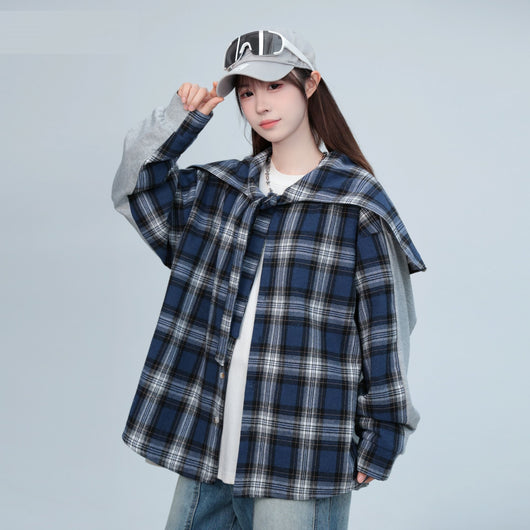 Poncho Camisa Gris con Capucha y Costuras a Cuadros - Image 9