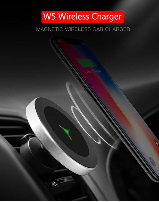 Silver and black car magnetic wireless charger with a blue indicator light, mounted on a car's air vent. - Image 9