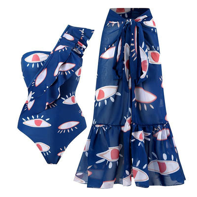 Navy blue mesh sarong with a white and red abstract eye pattern, featuring a tie-front waist and ruffled maxi hem. - Image 16
