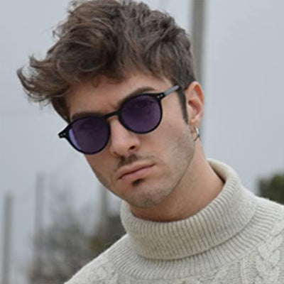 Round black full-rim sunglasses with vibrant blue polarized lenses, ideal for sun protection and fashion. - Image 2