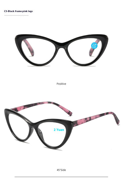 Black cat-eye anti-blue light reading glasses with green patterned temples on a white background. - Image 12