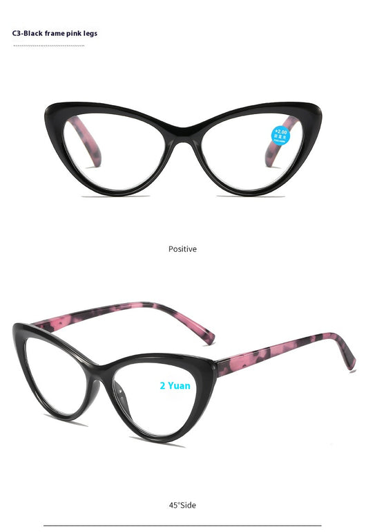 Black cat-eye anti-blue light reading glasses with green patterned temples on a white background. - Image 12