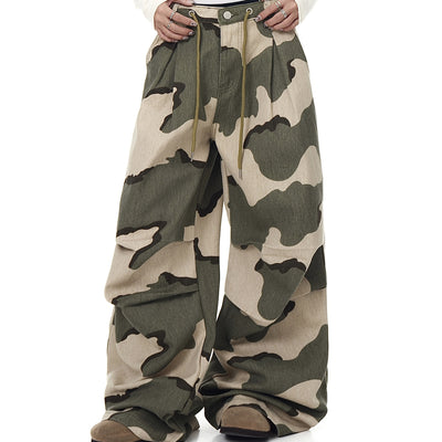 Pantalones Overol Camuflaje Plisados con Cordón - Corte Recto Ancho y Suelto