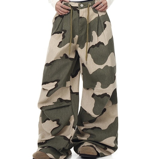 Pantalones Overol Camuflaje Plisados con Cordón - Corte Recto Ancho y Suelto