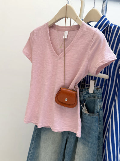 Blusa Clásica Americana Cuello V Ajustada Manga Corta - Image 11