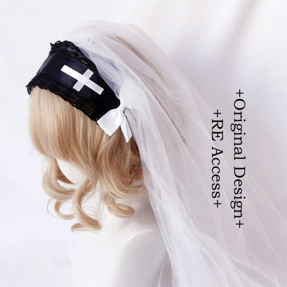 Velo de Monja Retro con Diadema y Cruz Bordada - Pañoleta Religiosa de Diamantes